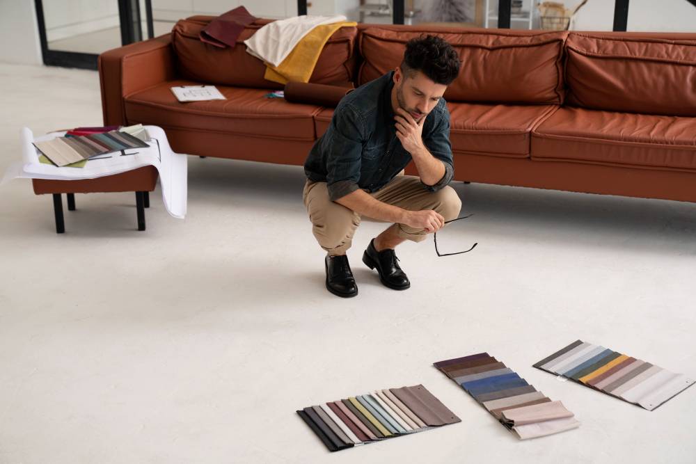 eine Person, die einen Teppich ausmisst